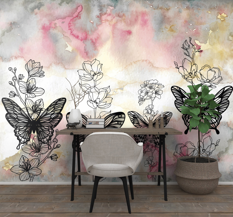 Flower wall mural fluttering wings and blossoms - TenStickers