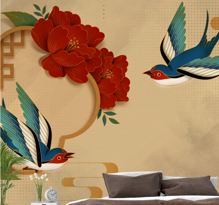 Flower wall mural swallow and blossoms - TenStickers