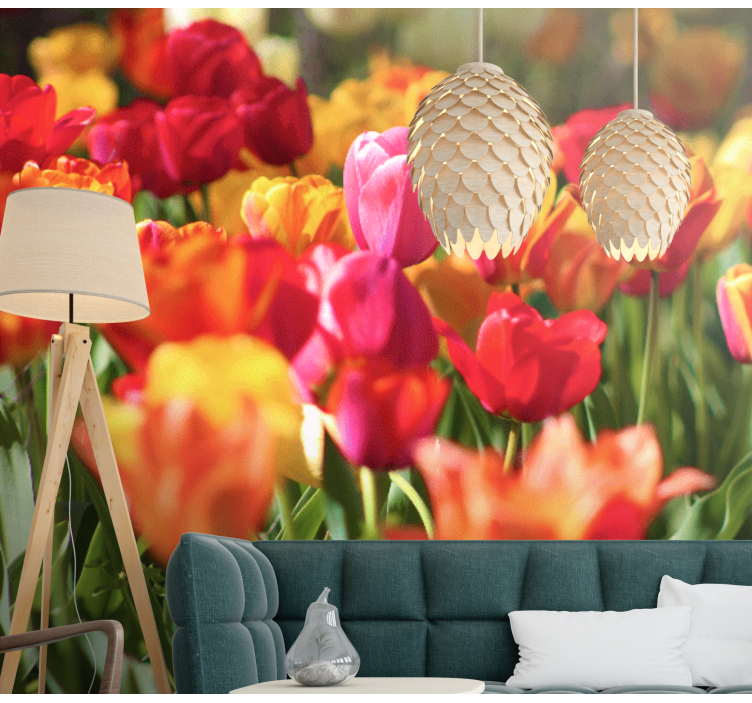 Flower wall mural vibrant tulip field - TenStickers