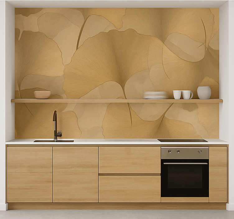 Golden Ginko overlap wall mural kitchen - TenStickers