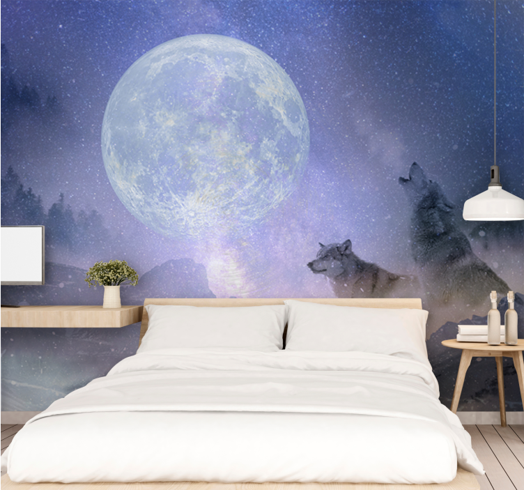 Jungle wall mural featuring majestic moonlit wolves - TenStickers