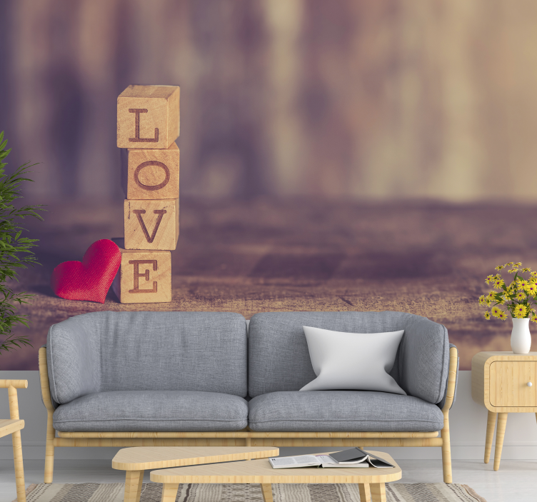 Romantic love wall mural love text in wood - TenStickers
