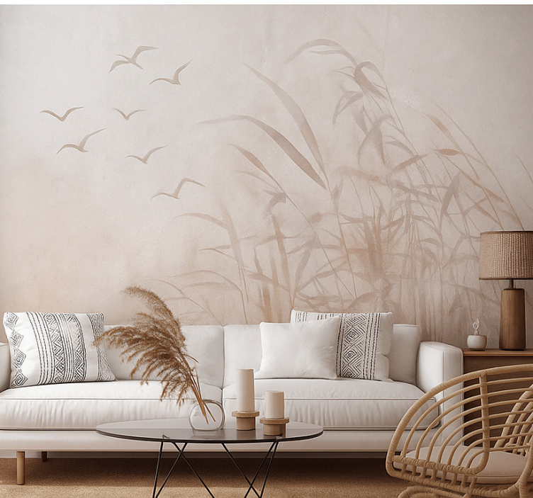 Misty bird reeds living room wall mural - TenStickers