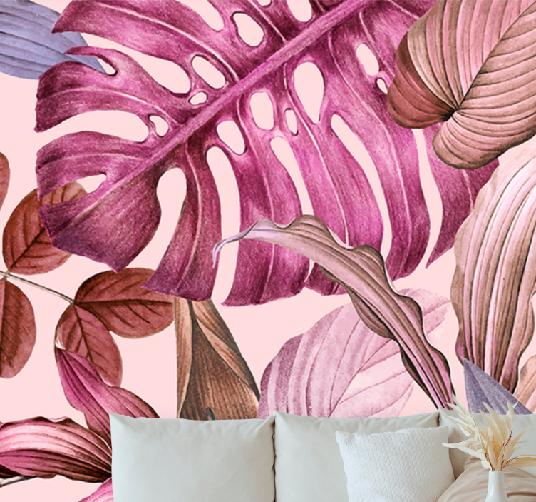 Monstera style with pink reflections wall mural - TenStickers