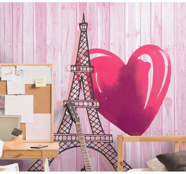 Romantic wall mural eiffel tower heart - TenStickers