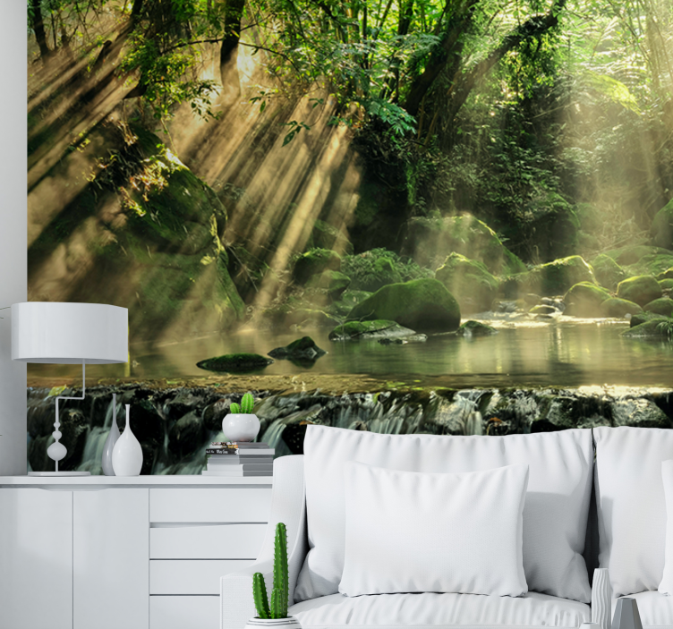 Sunlit Forest Stream wall mural nature - TenStickers