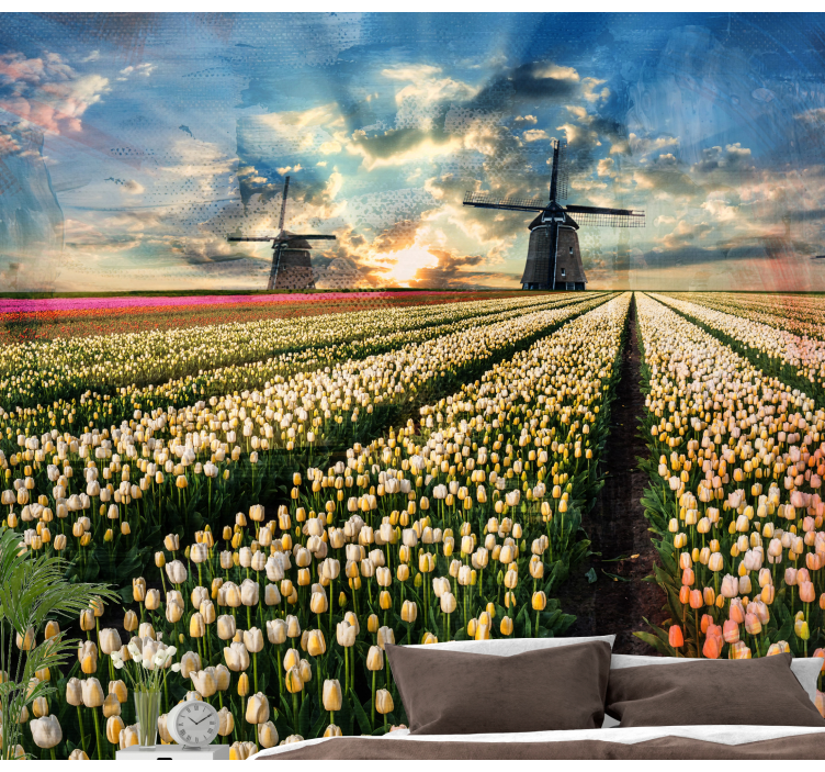 Tulip Field Sunrise flower wall mural - TenStickers
