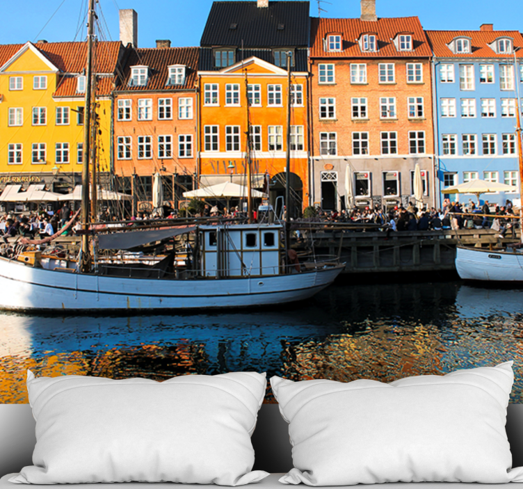 Vibrant lakeside dwellings city wall mural - TenStickers