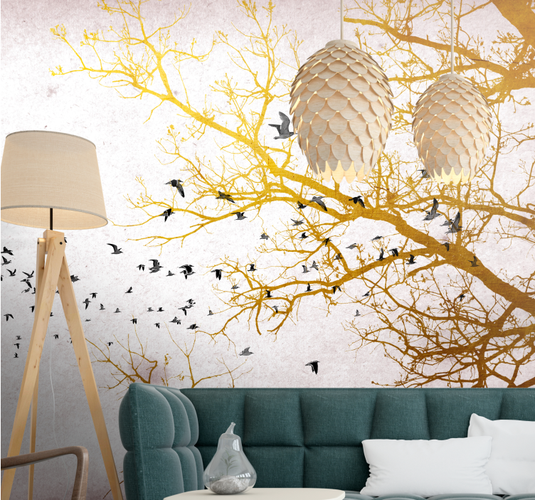 Wall mural nature golden branches and birds - TenStickers