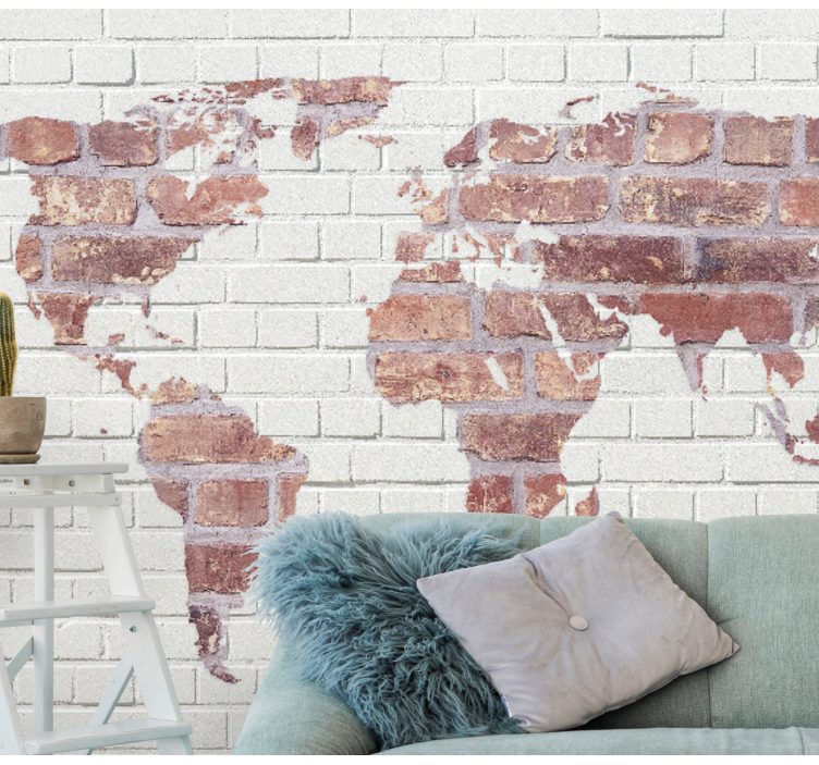White brick world map mural - TenStickers