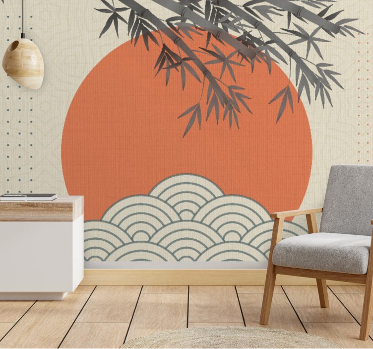 Zen wall mural bamboo and orange sun - TenStickers