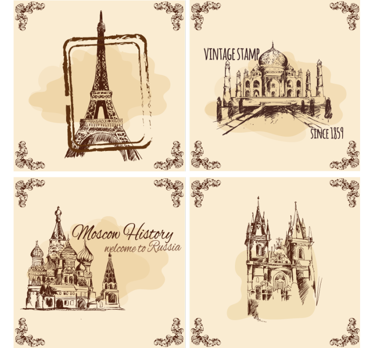 Vintage coasters with historic landmark illustrations - TenStickers
