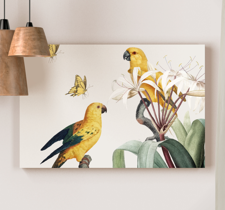 Flowers canvas with yellow parrots and butterflies - TenStickers