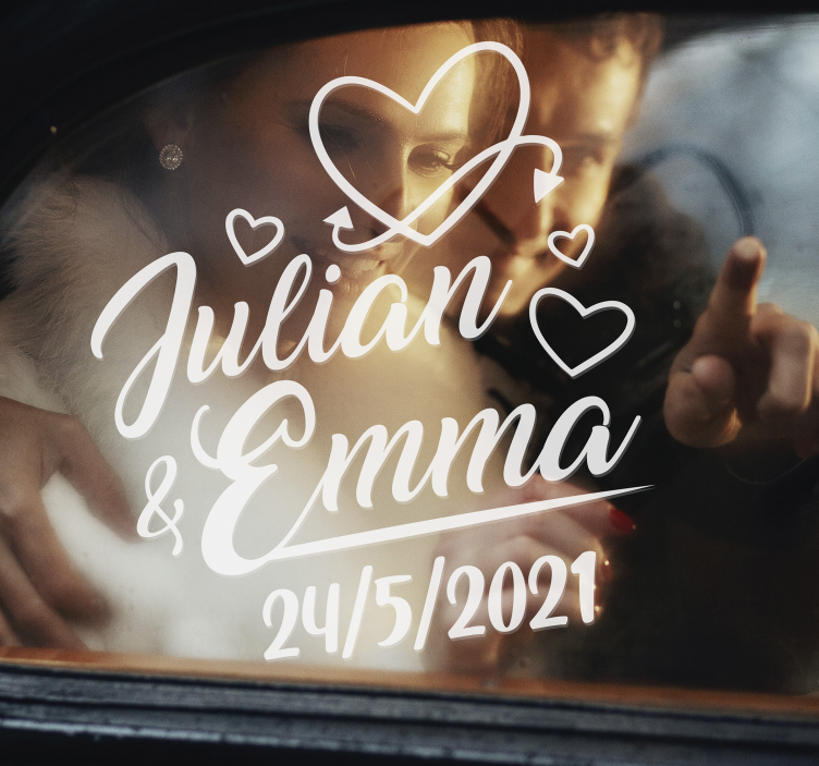 Hearts with name and date wedding car sticker - TenStickers