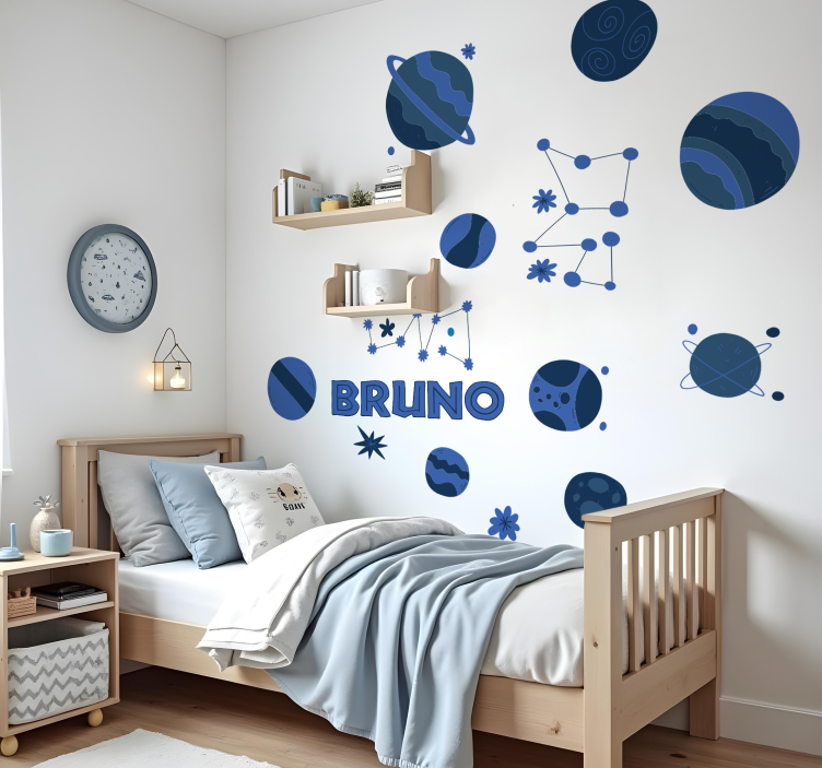 Blue astronomy elements with name wall sticker - TenStickers