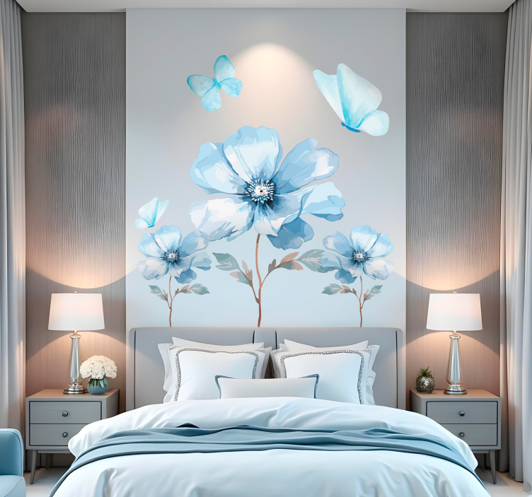 Blue poppies with butterflies wall sticker - TenStickers
