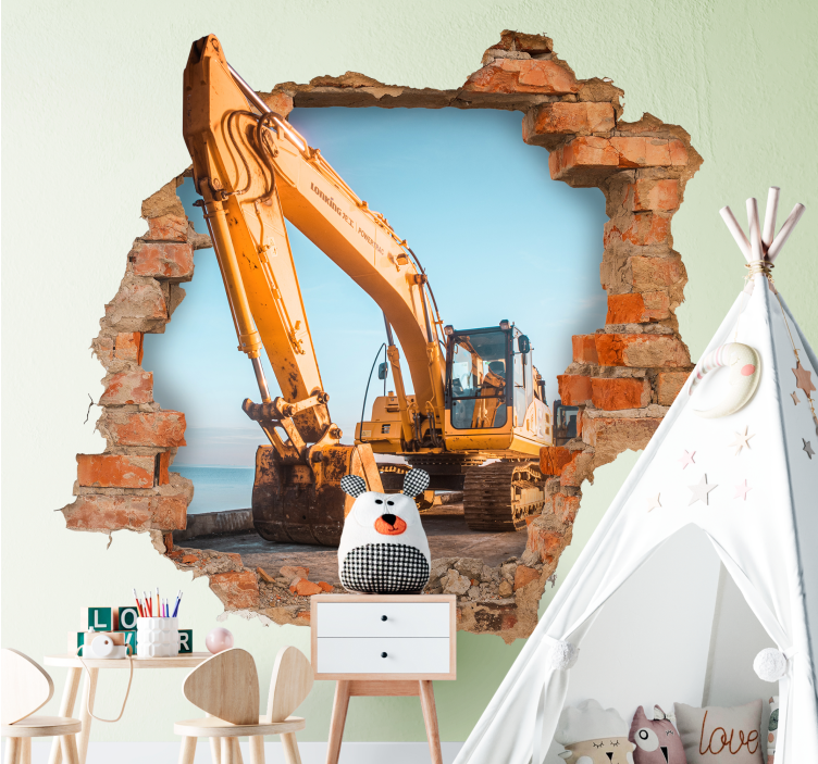 Broken wall with three excavators visual effects vinyl sticker - TenStickers
