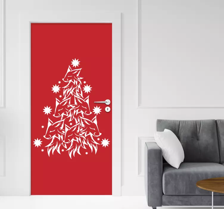 Christmas tree wolves door sticker - TenStickers