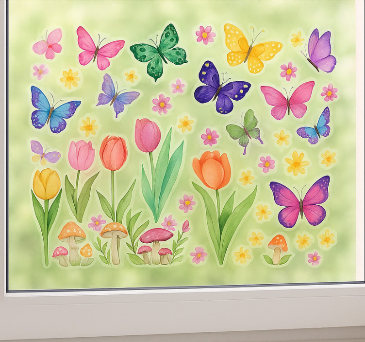 Colorful butterflies and plants window sticker - TenStickers