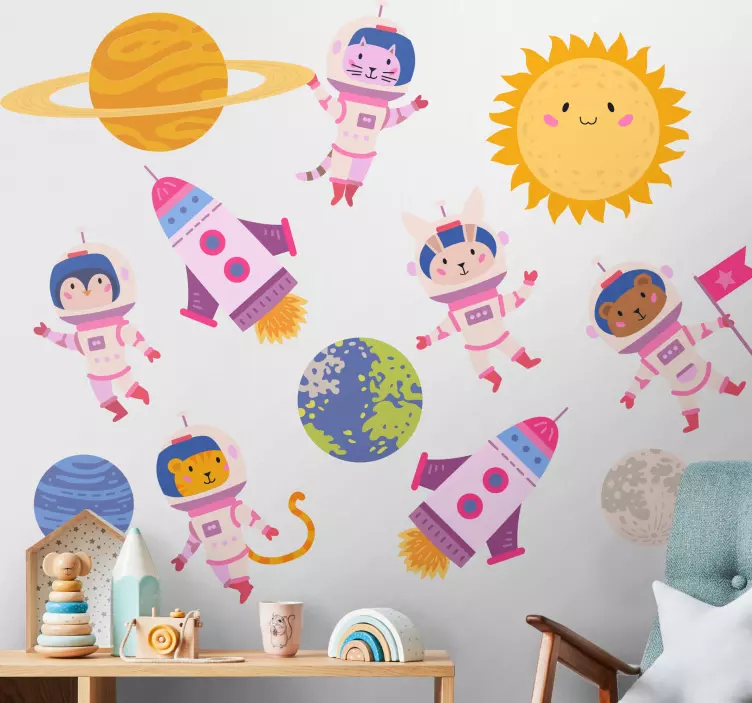 Cute astronauts adventure space wall sticker - TenStickers