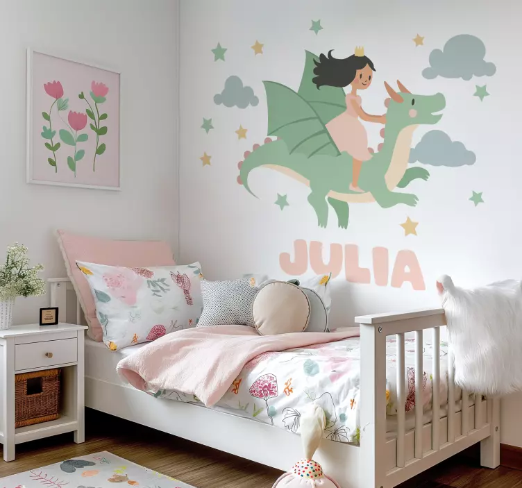 Girl riding a dragon fairy tale sticker - TenStickers