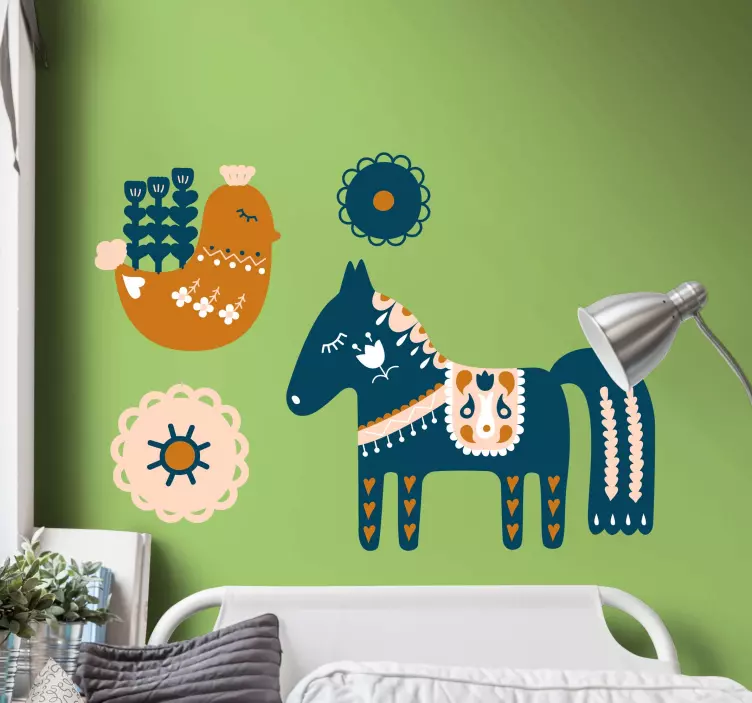 Horse and bird with Slovak folk  floral  sticker - TenStickers