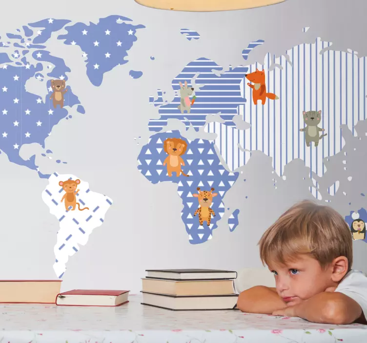 Illustrated animal map world map wall sticker - TenStickers