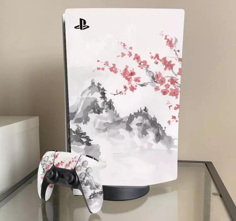 Japanese landscape with cherry blossom ps5 sticker - TenStickers