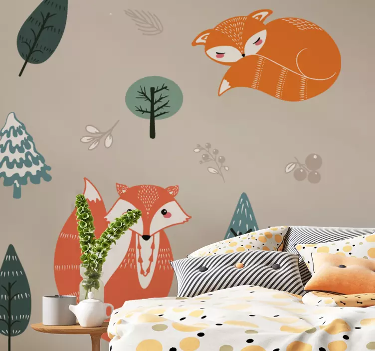 Nordic foxes with trees illustration decal - TenStickers