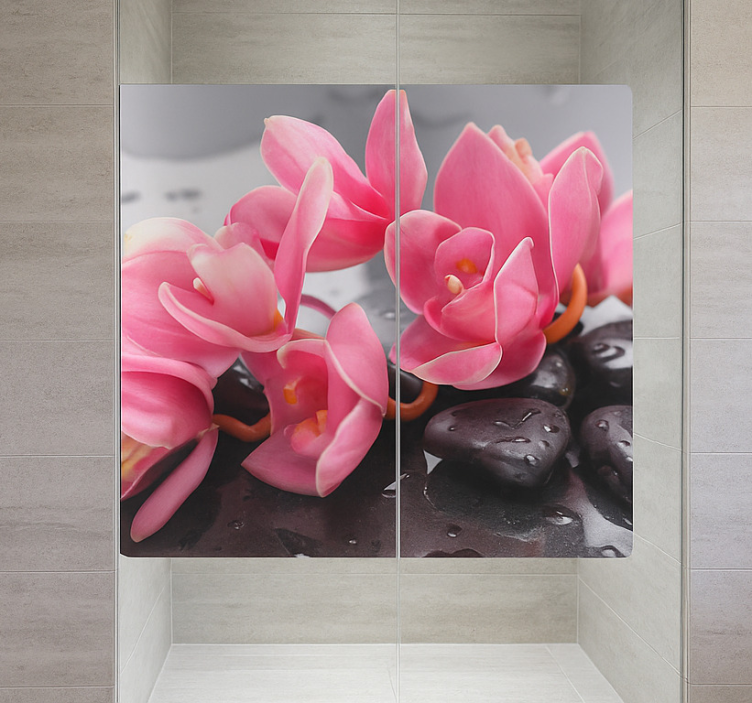 Pink orchids on stones bathroom wall sticker - TenStickers