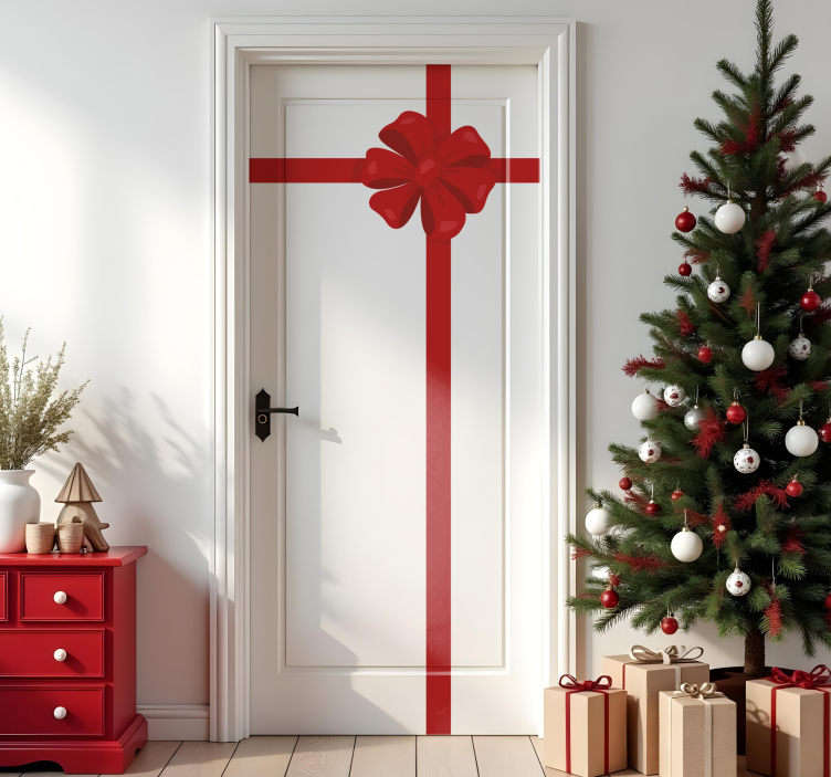 red gift ribbon for doors Christmas sticker - TenStickers