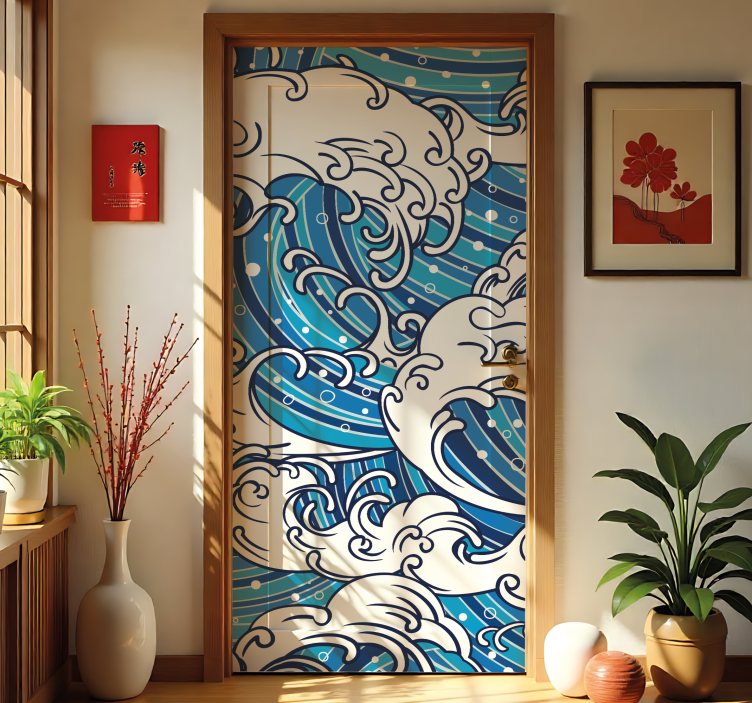 Retro blue waves door sticker - TenStickers