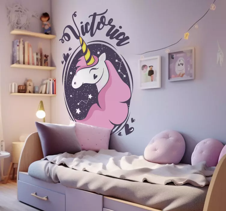 smiling unicorn with name wall stickers children's room - TenStickers