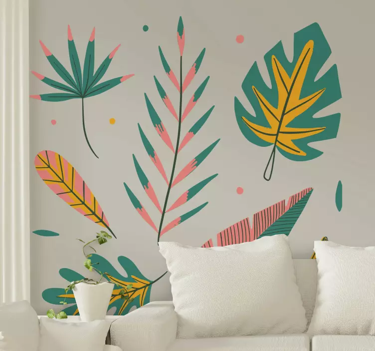 Tropical leaf pattern living room wall sticker - TenStickers