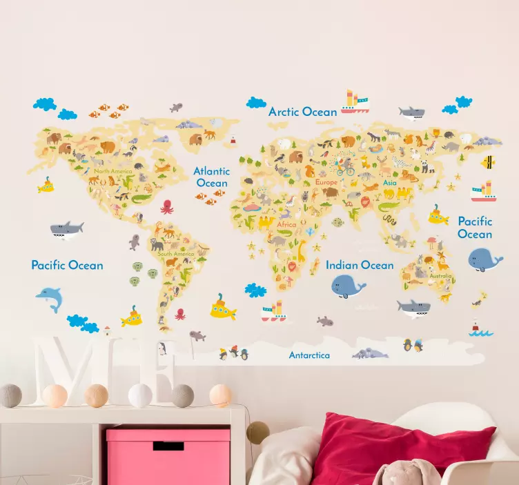 Wild Animal World Map Wall Sticker - TenStickers