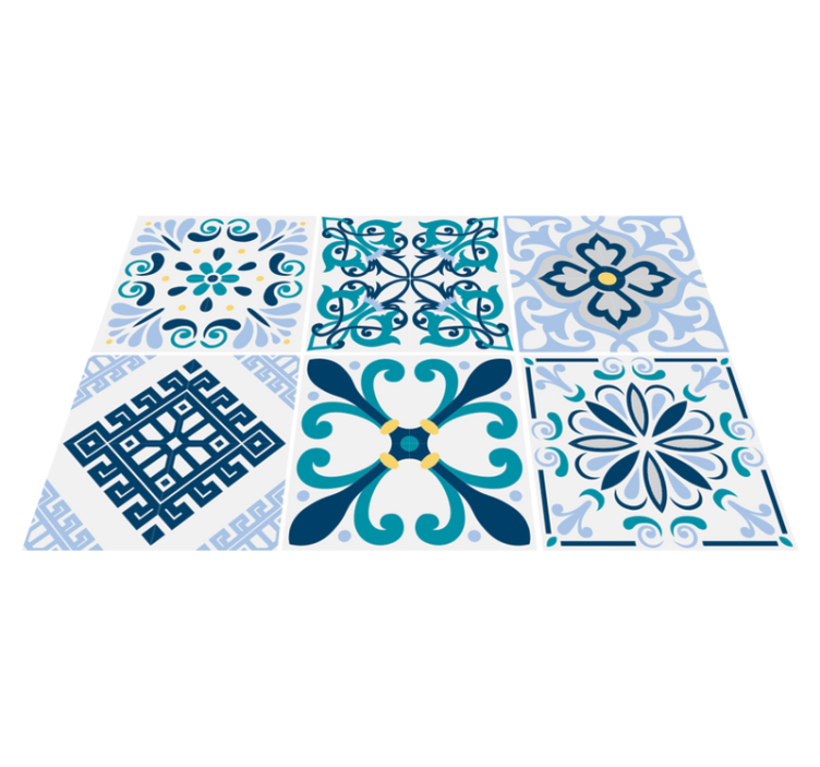 Kitchen vinyl rug with blue floral tiles design - TenStickers