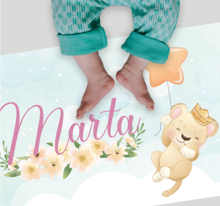 Lion with air balloon and name nursery vinyl rug - TenStickers