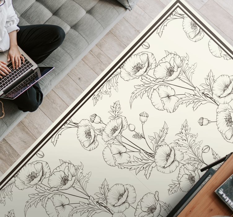 Floral outline pattern living room vinyl rug - TenStickers