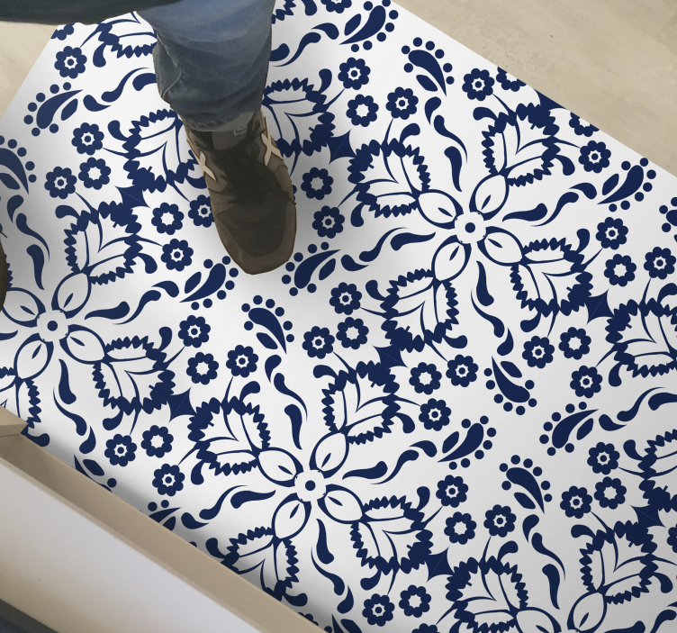 Blue and white floral design tile vinyl rug - TenStickers