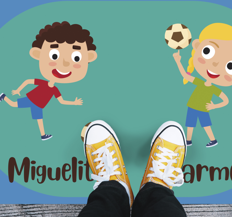 Children engaging in football with name kids vinyl rug - TenStickers