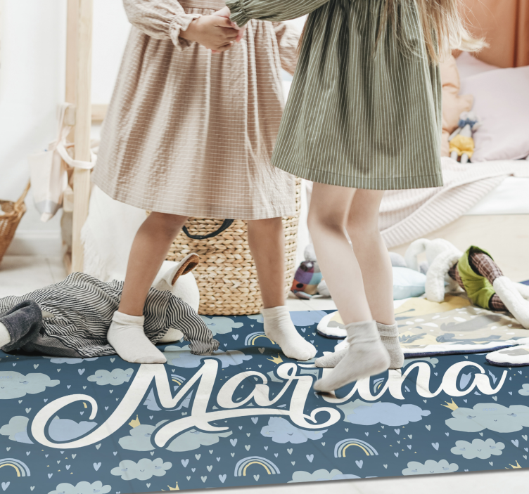 Blue clouds with name kids vinyl rug - TenStickers