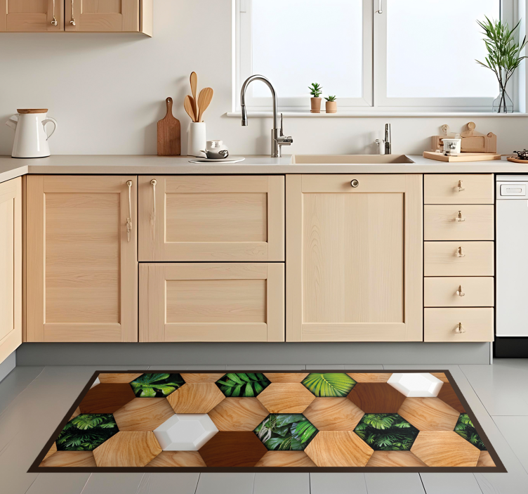 Wood Tropical Hexagons kitchen vinyl rug - TenStickers