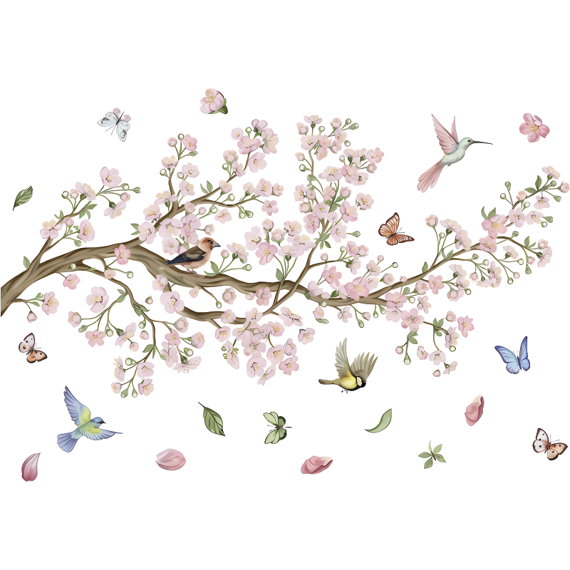 Floral vinyl rug cherry blossoms and birds - TenStickers