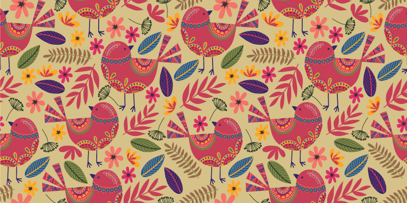 Floral vinyl rug with colorful bird folk art pattern - TenStickers
