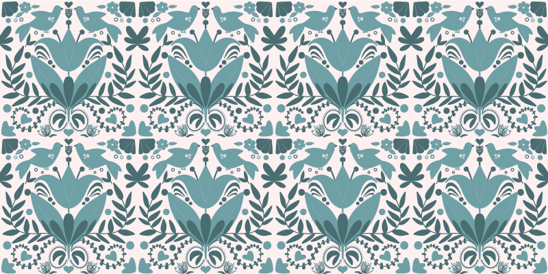 Floral vinyl rug blue folk art pattern with birds - TenStickers