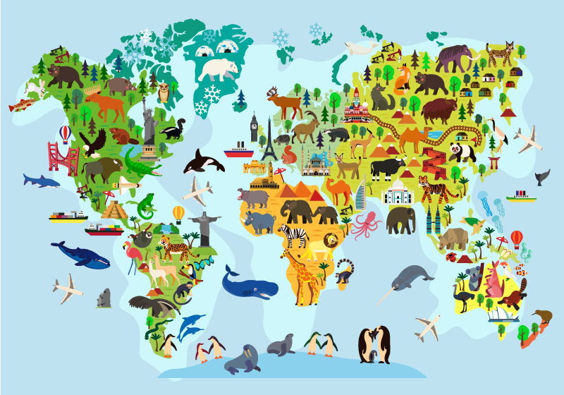 Children's world map vinyl rug with monuments and animals - TenStickers
