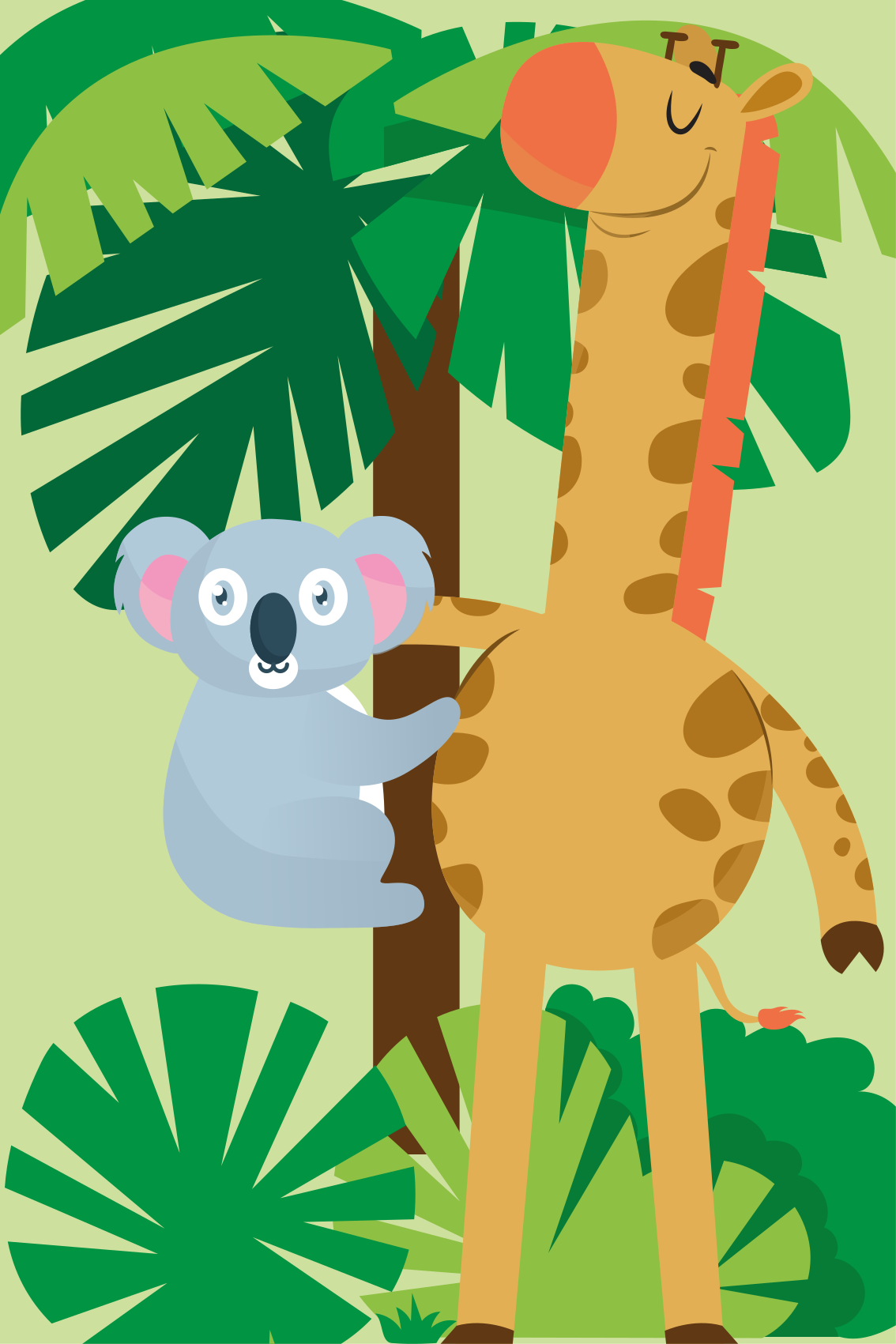 Kids vinyl rug koalas hugging a giraffe print - TenStickers