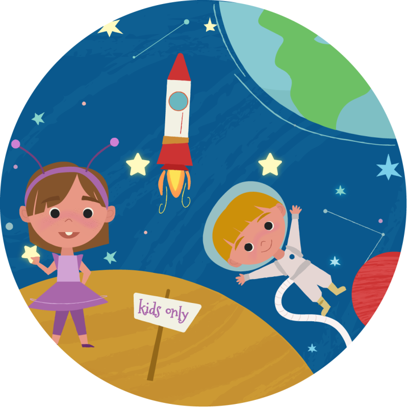 Cartoon children playing in space star rug - TenStickers