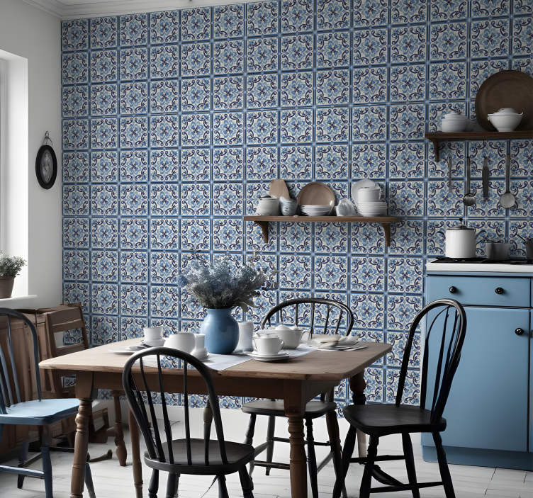 Blue and white floral pattern tile effect wallpaper - TenStickers