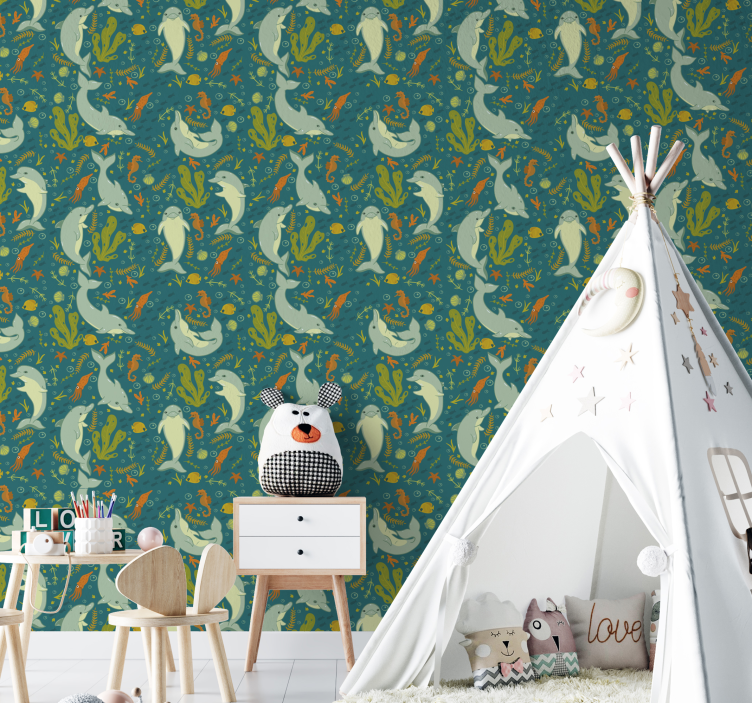 Blue dolphins Animal children Wallpaper - TenStickers